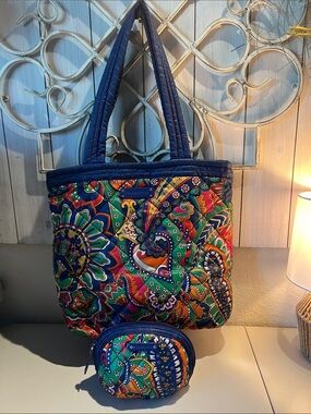 Vera Bradley Navy Quilted Nylon Reversible Tote with Pouch